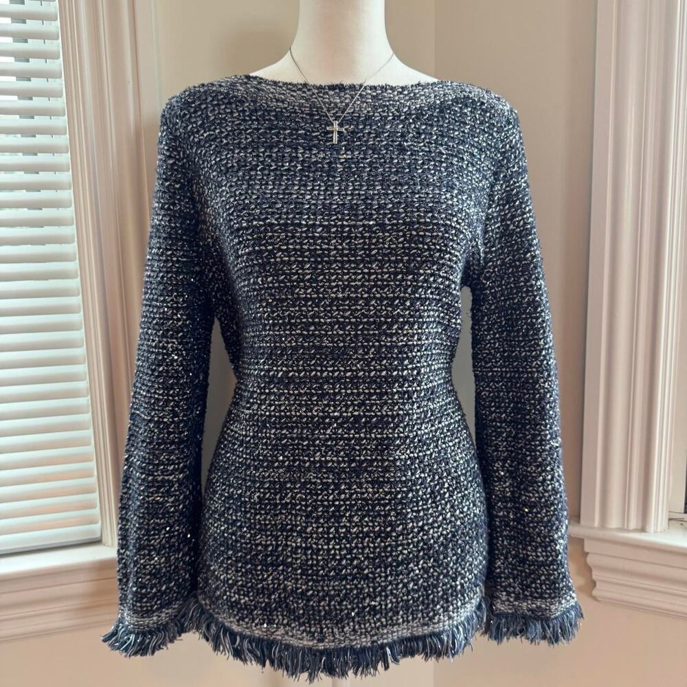 Ann taylor navy glitter tweed knit sweater with fringe details